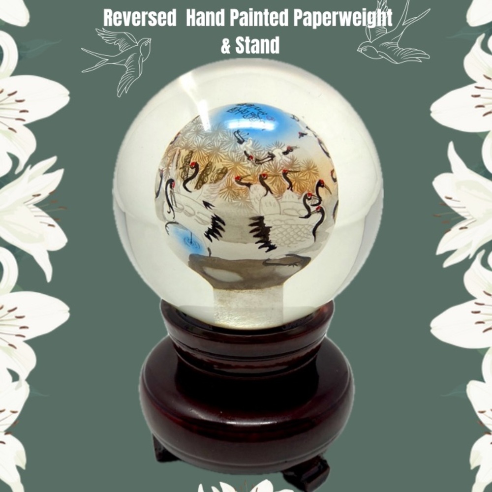 Vintage Reverse Painted Globe/Paperweight on
Revolving Wooden Base